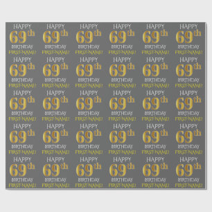 Papel De Presente Cinza, Faux Dourado "FELIZ 69 ANOS"