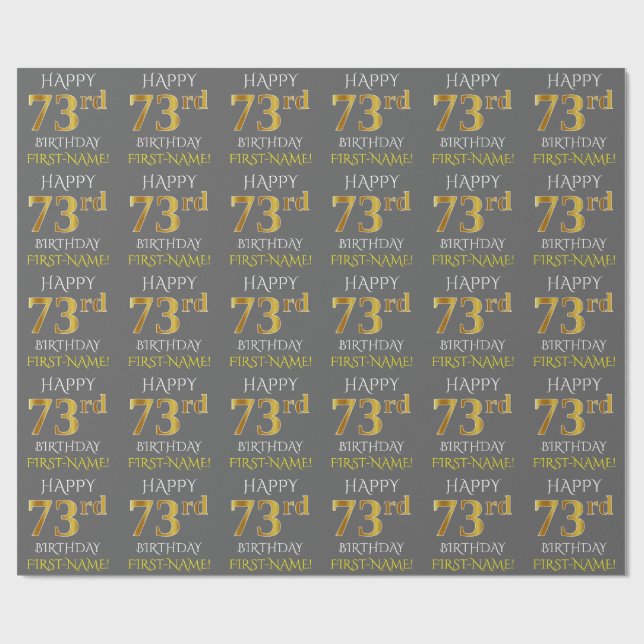 Papel De Presente Cinza, Faux Dourado "FELIZ 73º ANIVERSÁRIO" (Aberto)