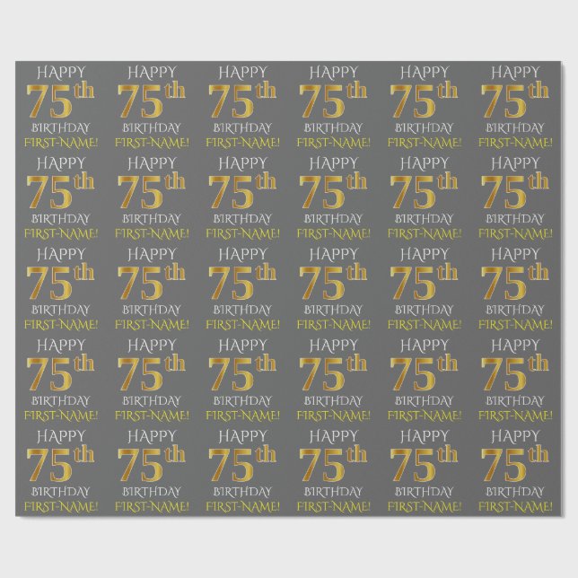 Papel De Presente Cinza, Faux Dourado "FELIZ 75 ANOS" (Aberto)
