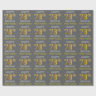 Papel De Presente Cinza, Faux Dourado "FELIZ 78 ANOS"