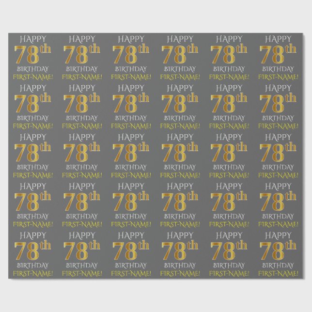 Papel De Presente Cinza, Faux Dourado "FELIZ 78 ANOS" (Aberto)