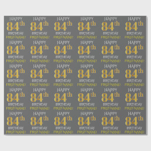 Papel De Presente Cinza, Faux Dourado "FELIZ 84 ANIVERSÁRIO"