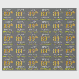 Papel De Presente Cinza, Faux Dourado "FELIZ 89º ANIVERSÁRIO"