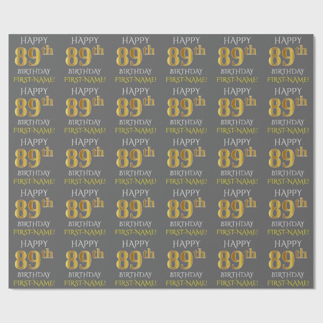 Papel De Presente Cinza, Faux Dourado "FELIZ 89º ANIVERSÁRIO" (Aberto)
