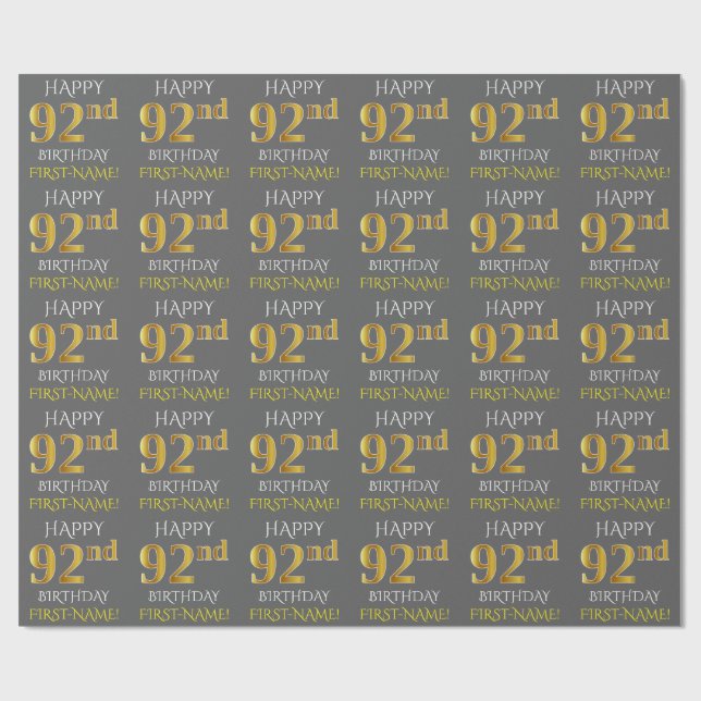 Papel De Presente Cinza, Faux Dourado "FELIZ 92º ANIVERSÁRIO" (Aberto)