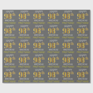 Papel De Presente Cinza, Faux Dourado "FELIZ 98 ANOS"