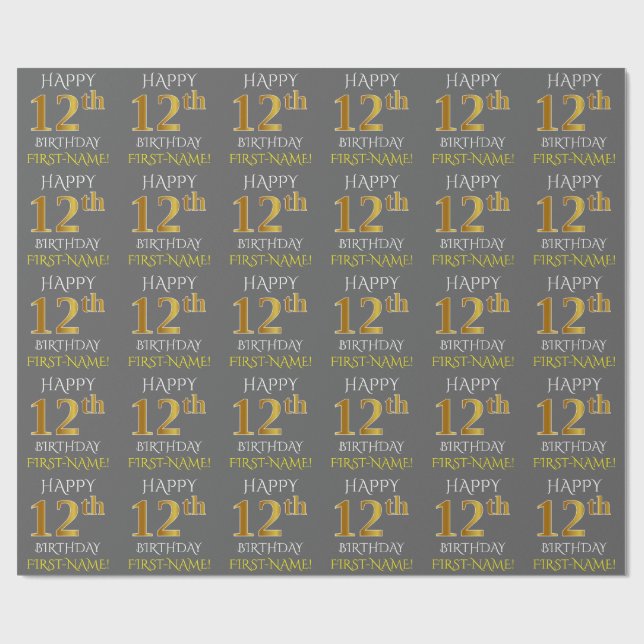 Papel De Presente Cinza, Faux Dourado "FELIZ ANIVERSÁRIO 12" (Aberto)