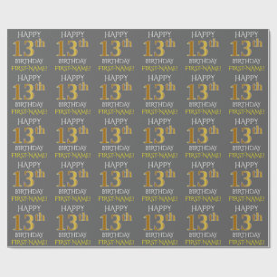 Papel De Presente Cinza, Faux Dourado "FELIZ ANIVERSÁRIO 13"