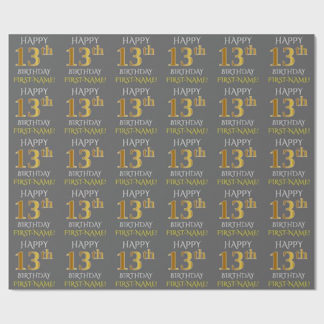 Papel De Presente Cinza, Faux Dourado "FELIZ ANIVERSÁRIO 13" (Aberto)