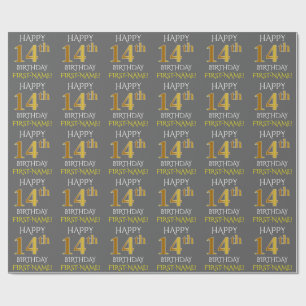 Papel De Presente Cinza, Faux Dourado "FELIZ ANIVERSÁRIO 14"