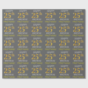 Papel De Presente Cinza, Faux Dourado "FELIZ ANIVERSÁRIO 25"