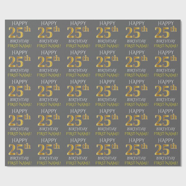 Papel De Presente Cinza, Faux Dourado "FELIZ ANIVERSÁRIO 25" (Aberto)