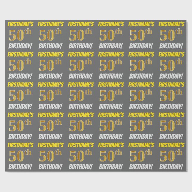 Papel De Presente Cinza, Faux/Imitação Dourada, "50.º ANIVERSÁRIO" (Aberto)