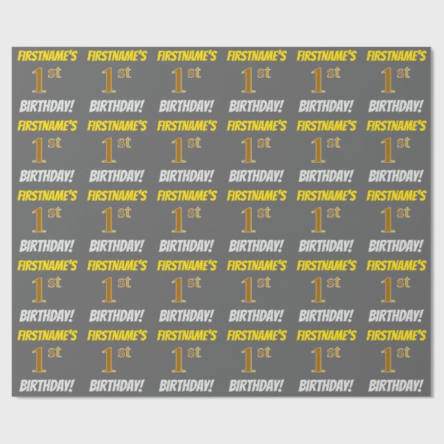 Papel De Presente Cinza, Faux/Imitação Dourada, "primeiro aniversari (Aberto)