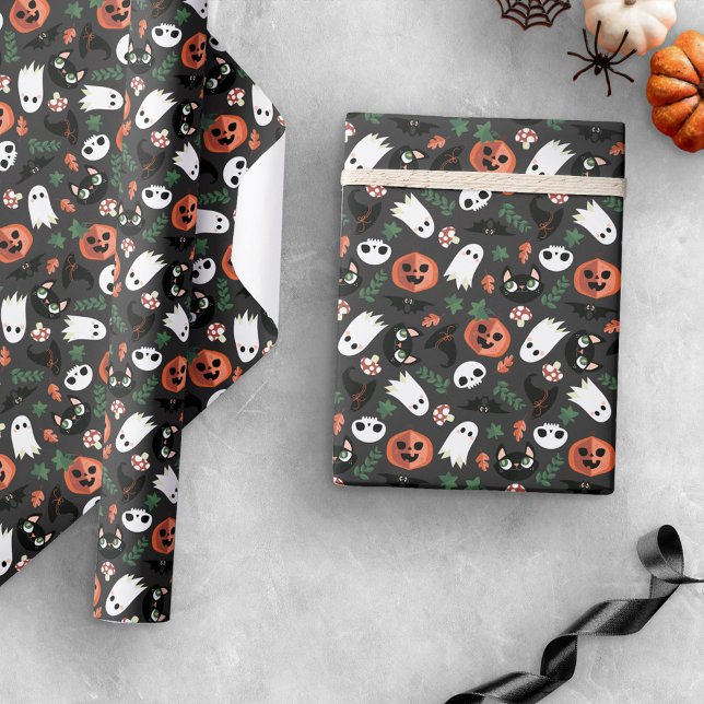 Papel De Presente Cinza Ghosts Bats Cats Pumpkins Padrão de Hallowee (Criador carregado)