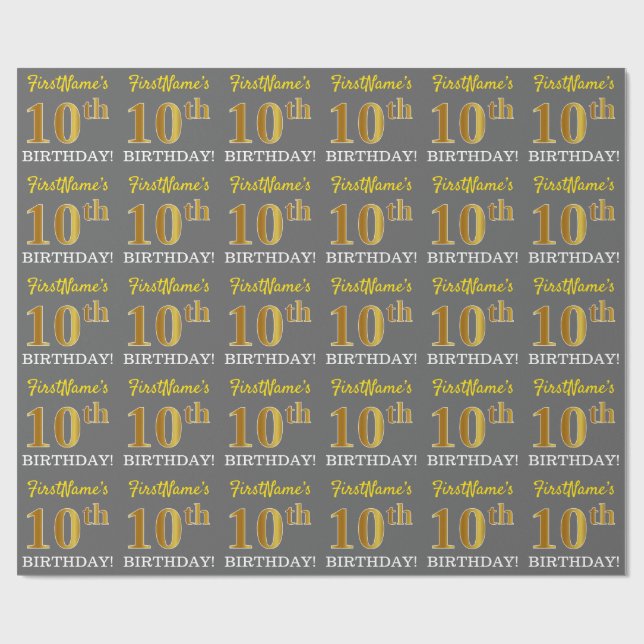 Papel De Presente Cinza, Imitação Dourada: "10º ANIVERSÁRIO" (Aberto)