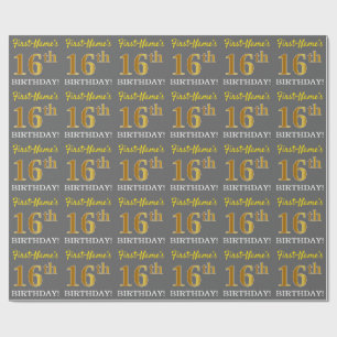 Papel De Presente Cinza, Imitação Dourada "16º ANIVERSÁRIO"