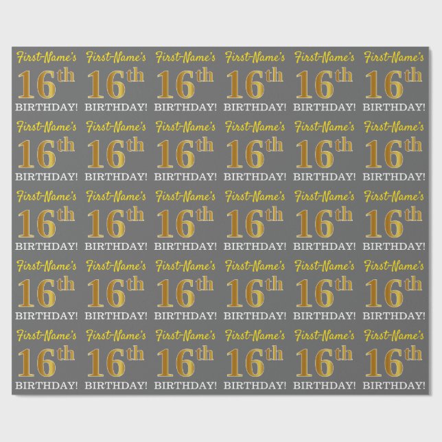 Papel De Presente Cinza, Imitação Dourada "16º ANIVERSÁRIO" (Aberto)