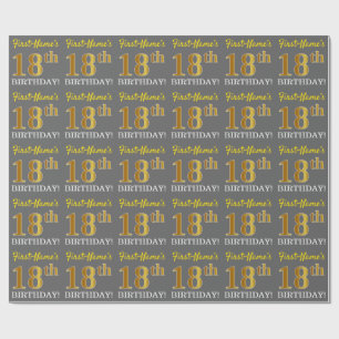 Papel De Presente Cinza, Imitação Dourada "18º ANIVERSÁRIO"