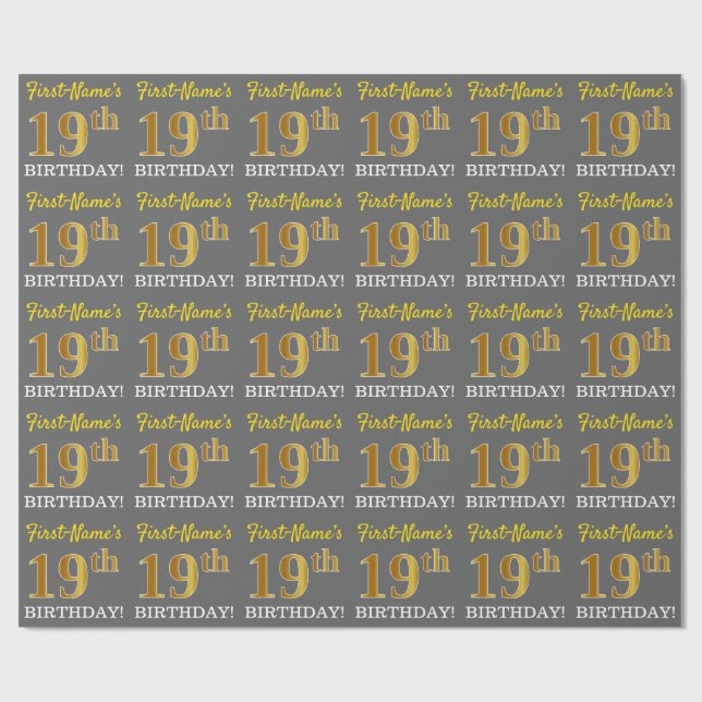 Papel De Presente Cinza, Imitação Dourada "19º ANIVERSÁRIO" (Aberto)