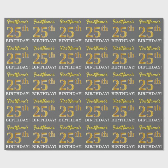 Papel De Presente Cinza, Imitação Dourada, "25 DE ANIVERSÁRIO" (Aberto)