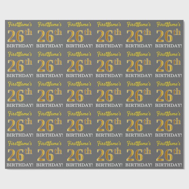 Papel De Presente Cinza, Imitação Dourada "26º ANIVERSÁRIO" (Aberto)