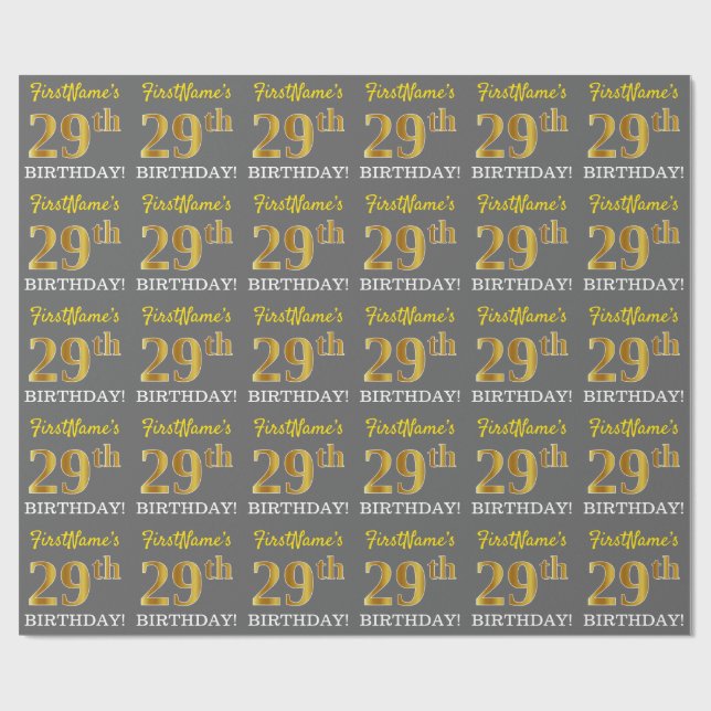 Papel De Presente Cinza, Imitação Dourada "29º ANIVERSÁRIO" (Aberto)