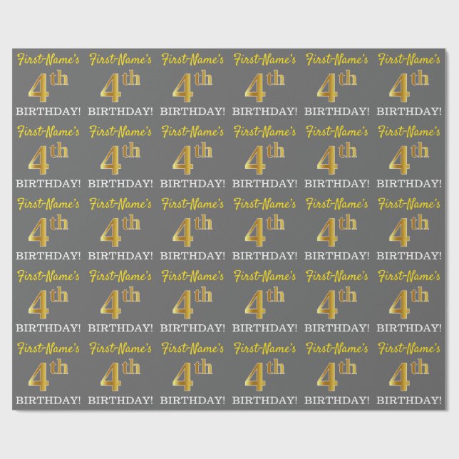 Papel De Presente Cinza, Imitação Dourada, "4º ANIVERSÁRIO" (Aberto)