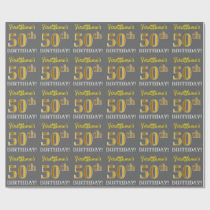Papel De Presente Cinza, Imitação Dourada "50º ANIVERSÁRIO"