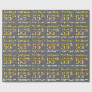 Papel De Presente Cinza, Imitação Dourada "55º ANIVERSÁRIO"