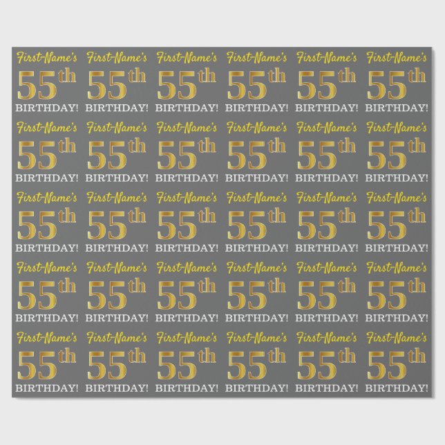 Papel De Presente Cinza, Imitação Dourada "55 ANOS" (Aberto)