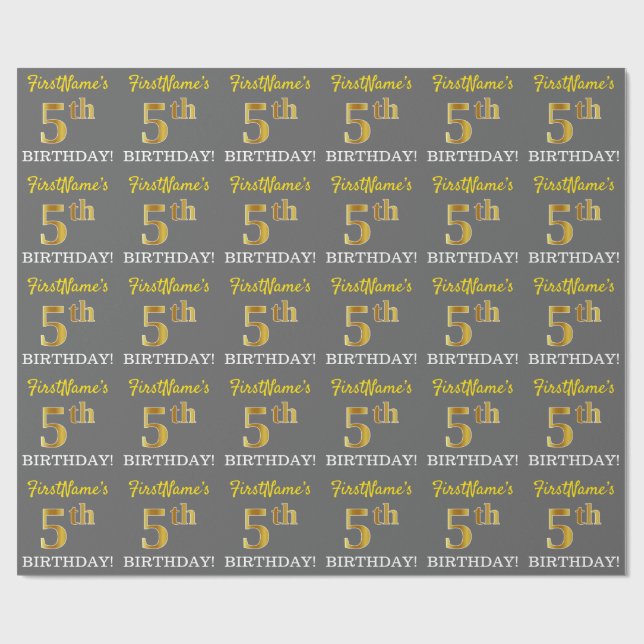 Papel De Presente Cinza, Imitação Dourada, "5 DE ANIVERSÁRIO" (Aberto)