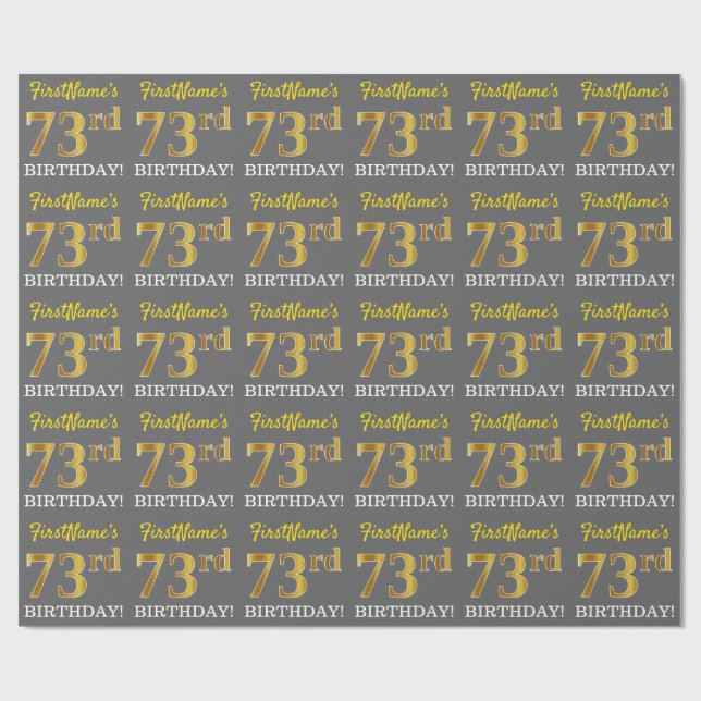 Papel De Presente Cinza, Imitação Dourada "73º ANIVERSÁRIO" (Aberto)