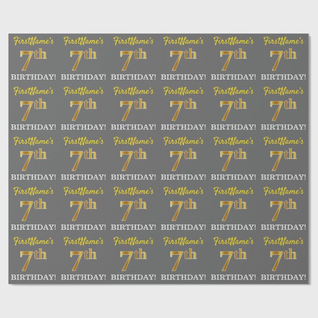 Papel De Presente Cinza, Imitação Dourada, "7 DE ANIVERSÁRIO" (Aberto)