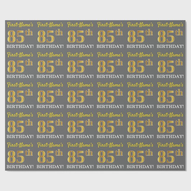 Papel De Presente Cinza, Imitação Dourada "85º ANIVERSÁRIO" (Aberto)