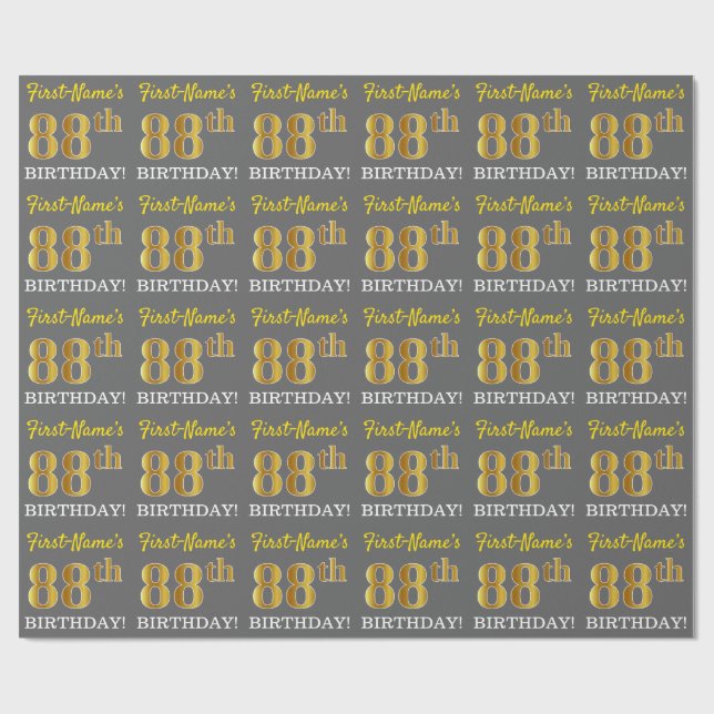Papel De Presente Cinza, Imitação Dourada "88º ANIVERSÁRIO" (Aberto)