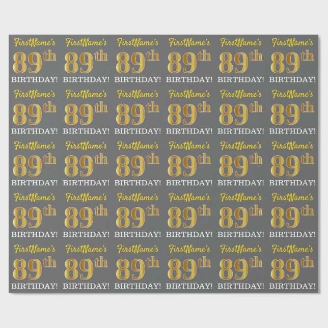 Papel De Presente Cinza, Imitação Dourada "89º ANIVERSÁRIO" (Aberto)