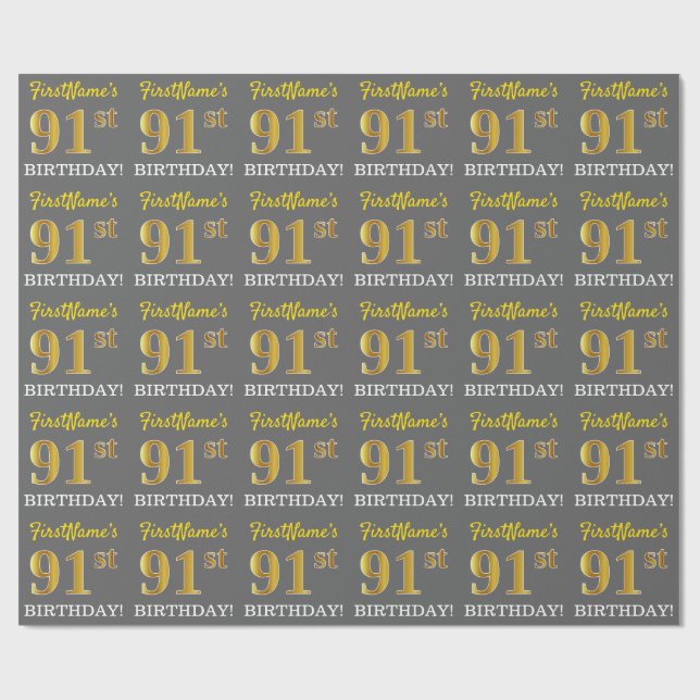 Papel De Presente Cinza, Imitação Dourada "91 rua ANIVERSÁRIO" (Aberto)