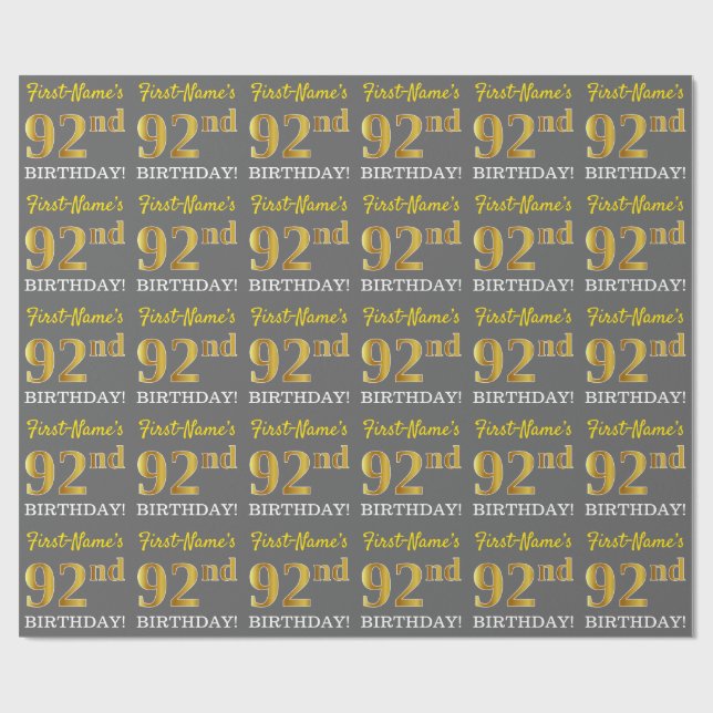 Papel De Presente Cinza, Imitação Dourada "92º ANIVERSÁRIO" (Aberto)
