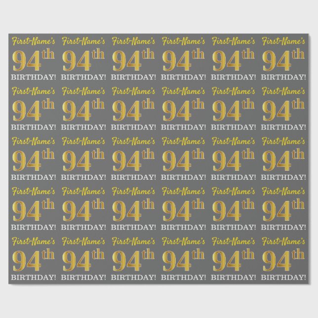 Papel De Presente Cinza, Imitação Dourada "94º ANIVERSÁRIO" (Aberto)