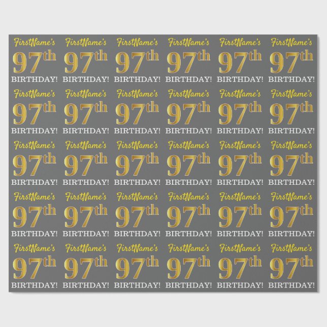 Papel De Presente Cinza, Imitação Dourada "97º ANIVERSÁRIO" (Aberto)