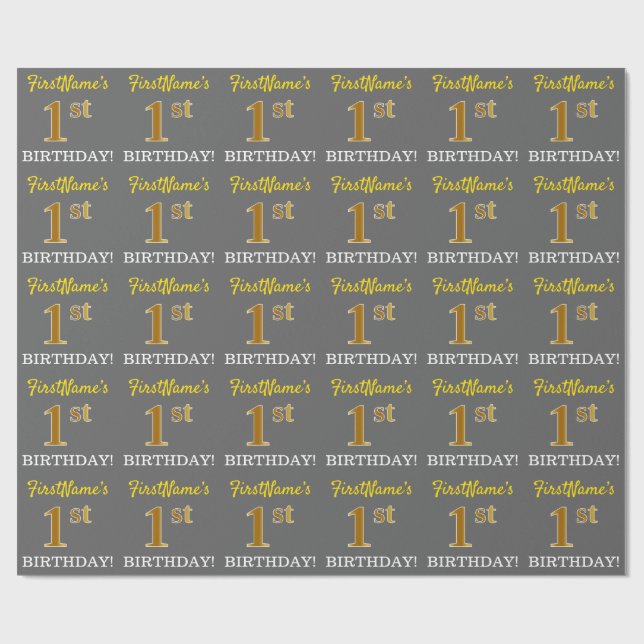 Papel De Presente Cinza, Imitação Dourada "primeiro aniversario" (Aberto)