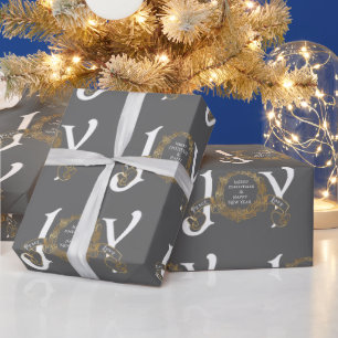 Papel De Presente Cinza Joy Joy Peace Love Dourado Natal clássico
