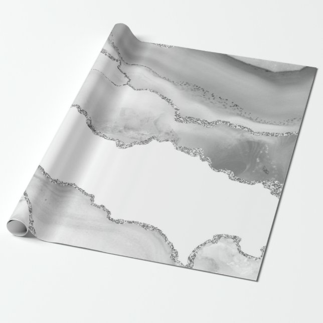 Papel De Presente Cinza Marble Branco Agate Simples Silver Gliter (Desenrolado)