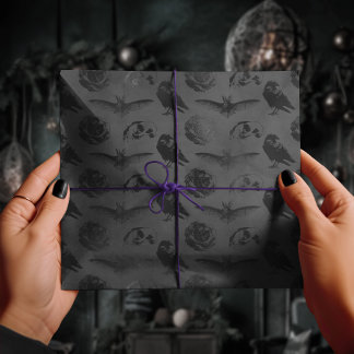 Papel De Presente Cinza Negra Corvo Gótico e Crânio de Bat