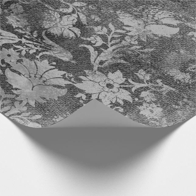 Papel De Presente Cinza Negra Rosa Floral Algodão Grungente Damasco (Ponta)