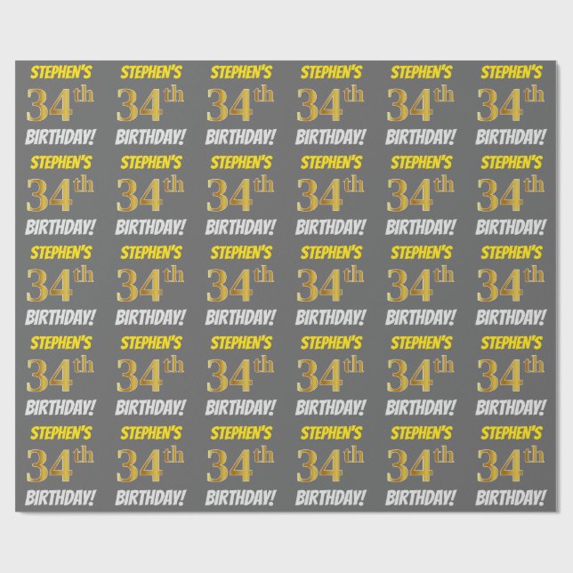 Papel De Presente Cinza, Ouro Falso/Imitação, "ANIVERSÁRIO DE 34 ANO (Aberto)