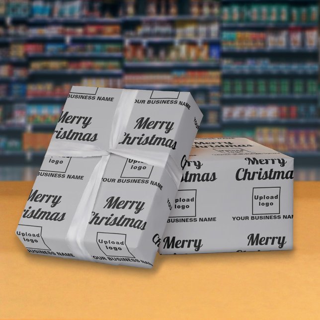 Papel De Presente Cinza | Padrão | Papel de moldagem de Natal (Business name and logo with Merry Christmas greeting on gray wrapping paper)