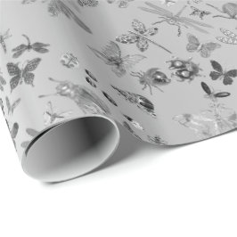 Papel De Presente Cinza Prateada Borboleta Insetos Gems Diamond
