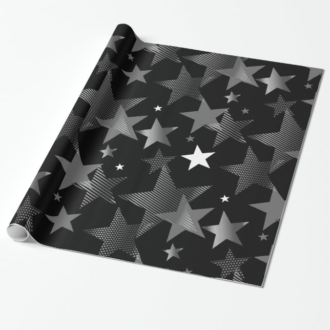 Papel De Presente cinza prateada estrelas negras impressão (Desenrolado)
